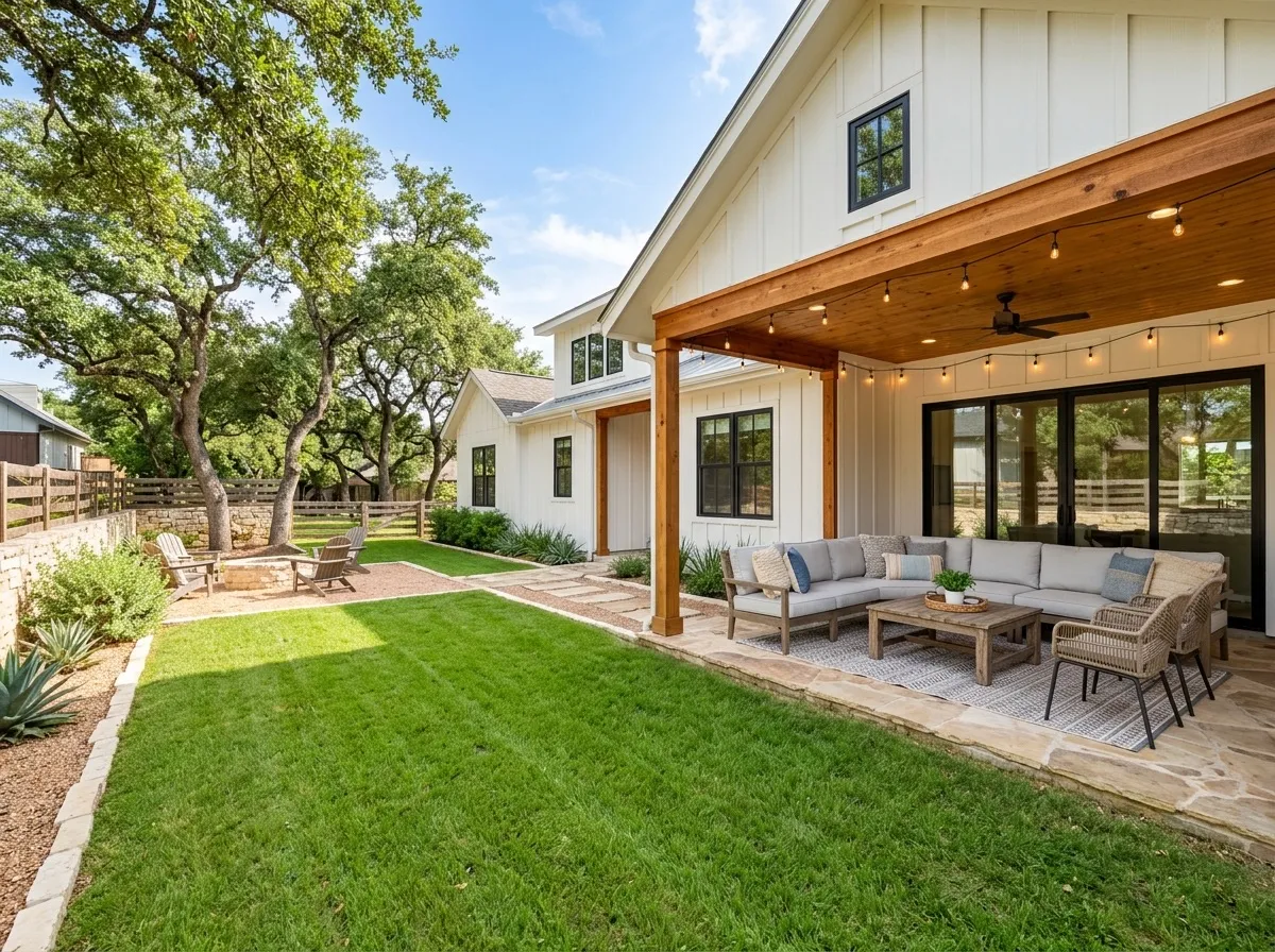 Backyard with a covered patio, outdoor sofa and fresh lawn