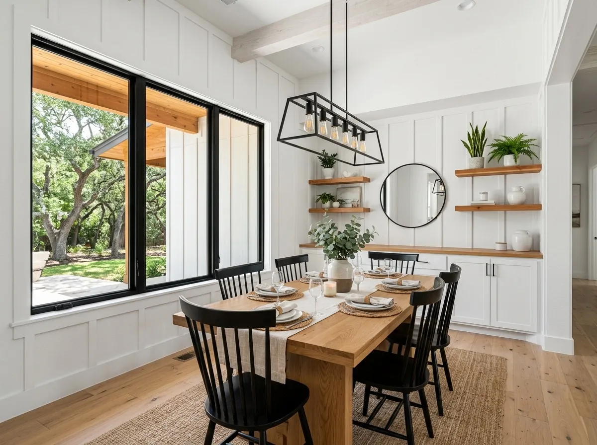 Dining room with a wooden table and open shelving