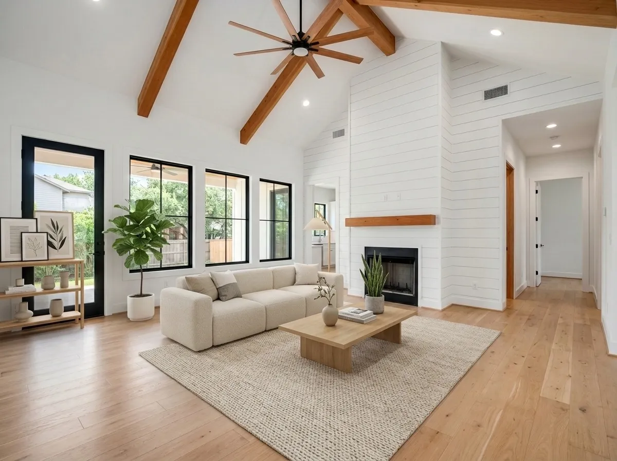 Staged living room with a beige sofa and fireplace